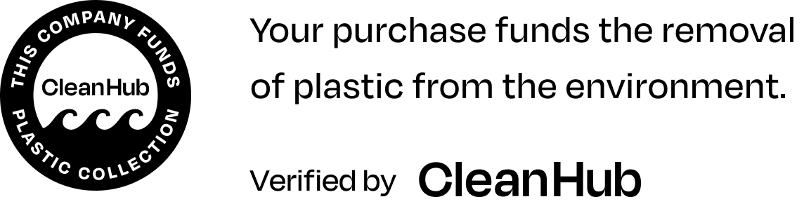 Circular logo with "CleanHub" at centre, surrounded by text: "This company funds plastic collection", featuring wave symbols, on black background.