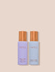 Two INIKA skincare bottles: Bakuchiol Serum in purple and Hyaluronic Hydration Complex in blue, both with copper caps on a beige background.